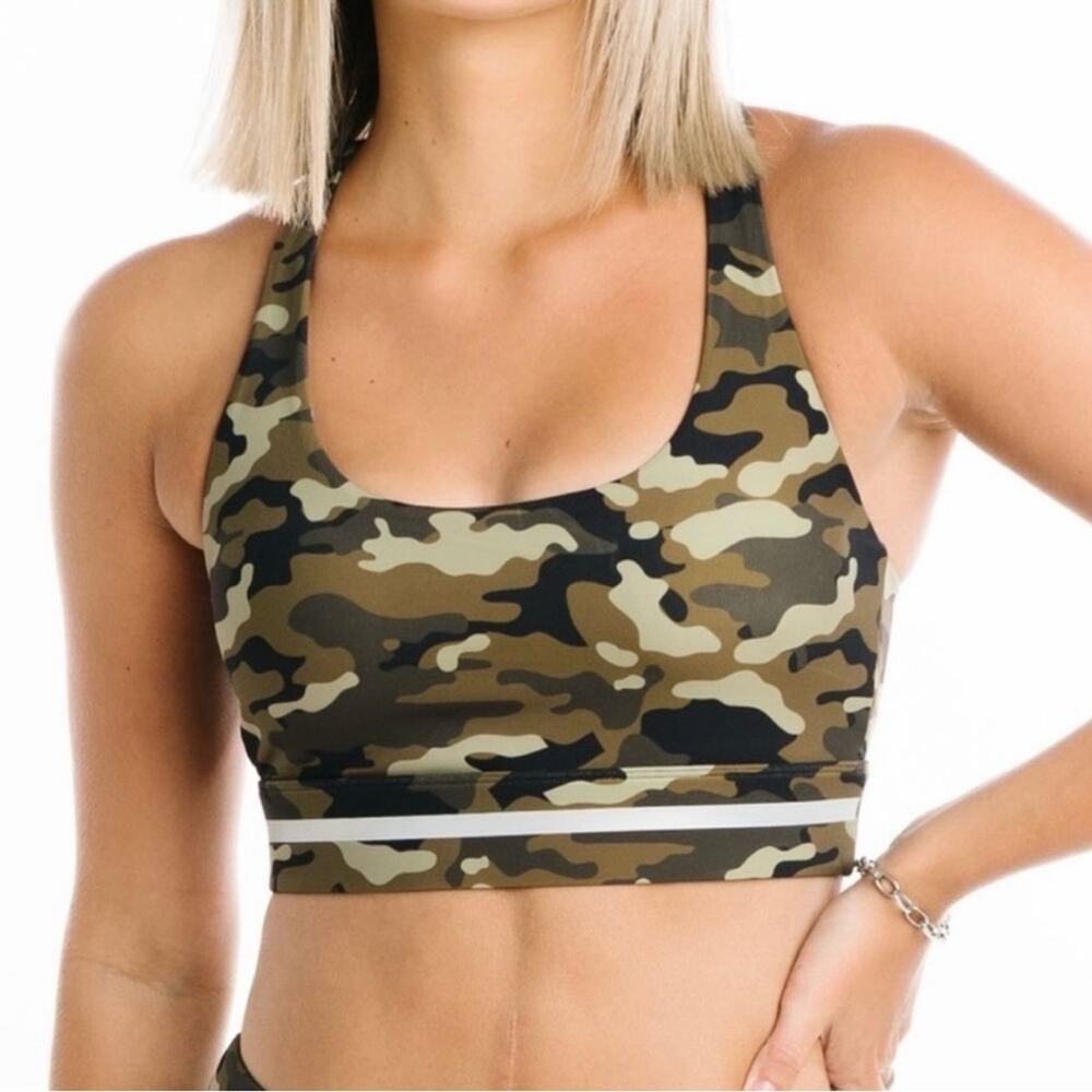 ZYIA ACTIVE Light Olive Green Camo Reflective Soft & Snug Racerback Sports Bra S